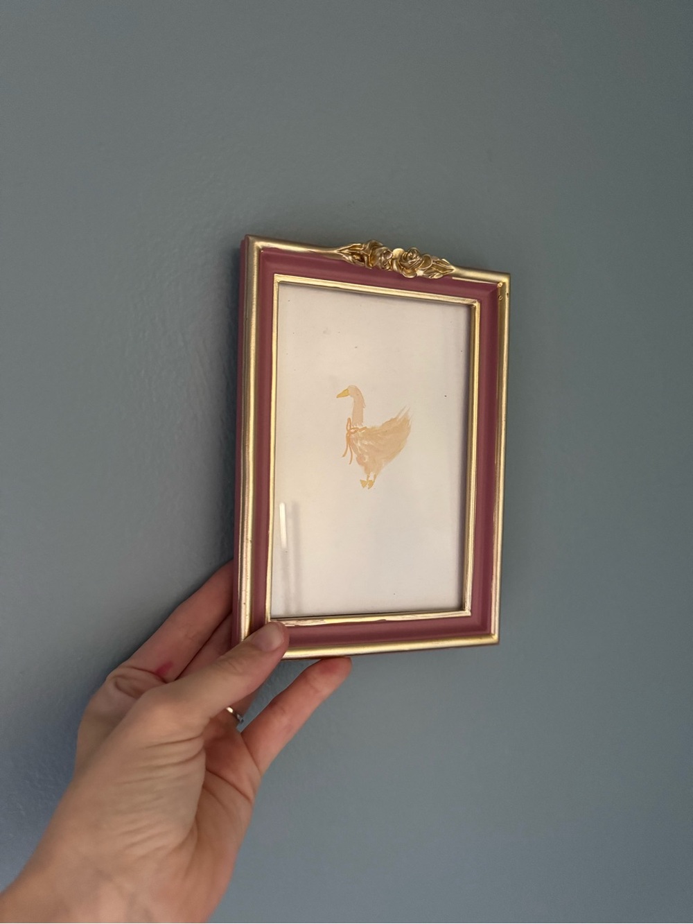 Neutral Beige Duck Watercolor Art in pink and gold frame